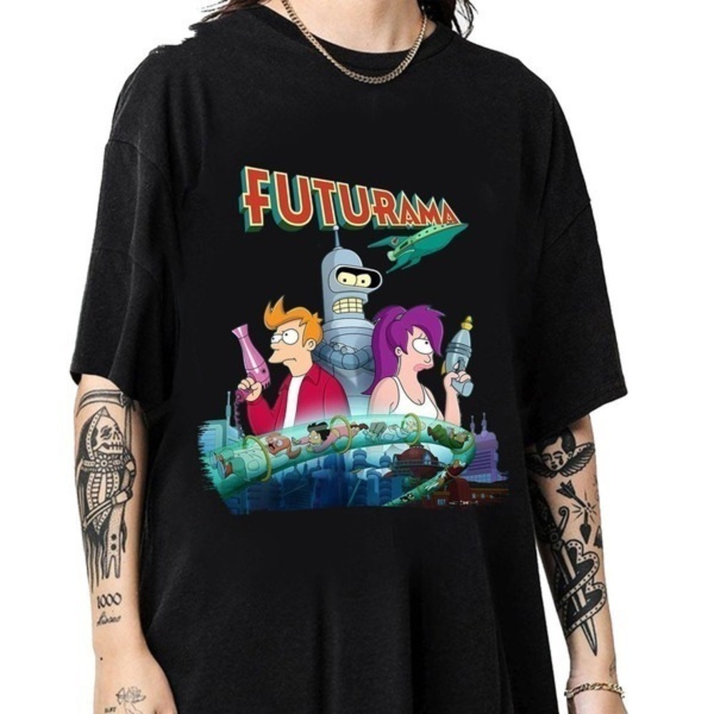 Futurama Cartoon Shirt Funny Gift Graphic Tee Retro TV Series Sci Fi Fan Unisex
